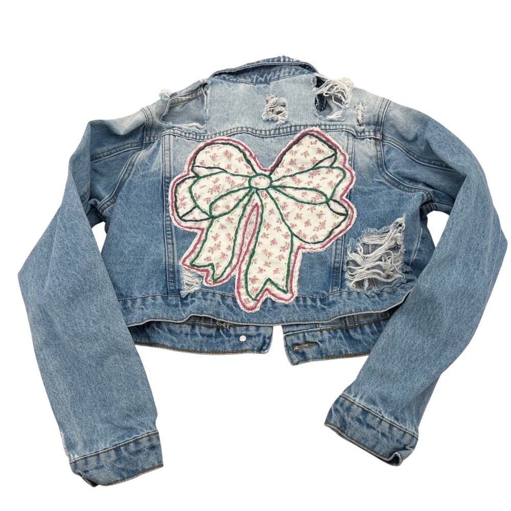 Sh-Sh Jeans Los Angeles Distressed Cropped Denim Jacket Bow Applique Upcycled